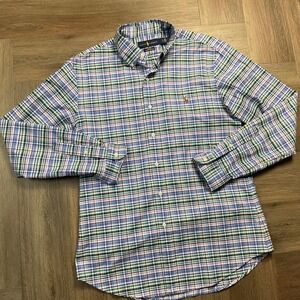 Ralph Lauren Slim Fit Stretch Plaid Check Oxford Shirt Mens Large Blue Green